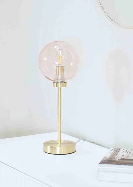 ValueLights Frenchie  Gold Table Lamp with Pink Globe Shade (41cm x 15cm x 15cm)