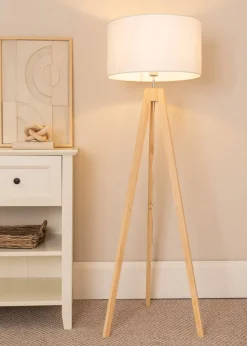 ValueLights Jackson Oak Effect Natural Floor Lamp with Large Drum Shade