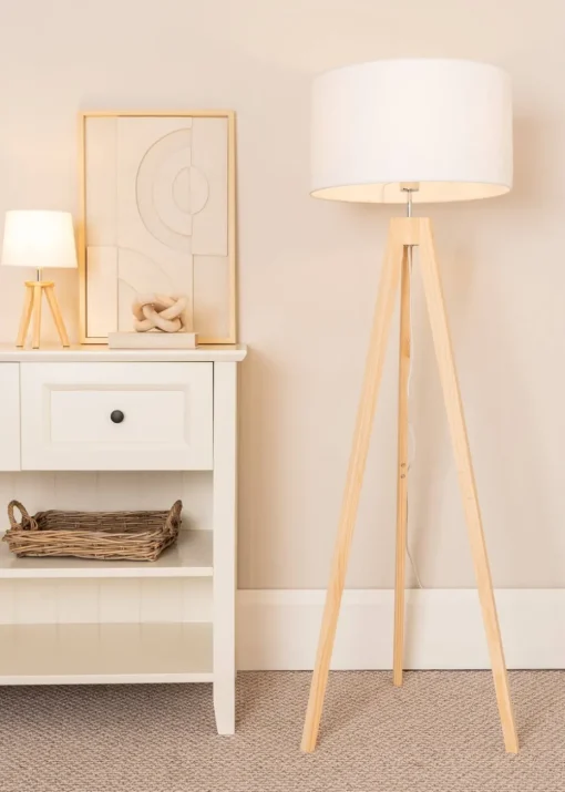 ValueLights Jackson Oak Effect Natural Floor Lamp with Large Drum Shade