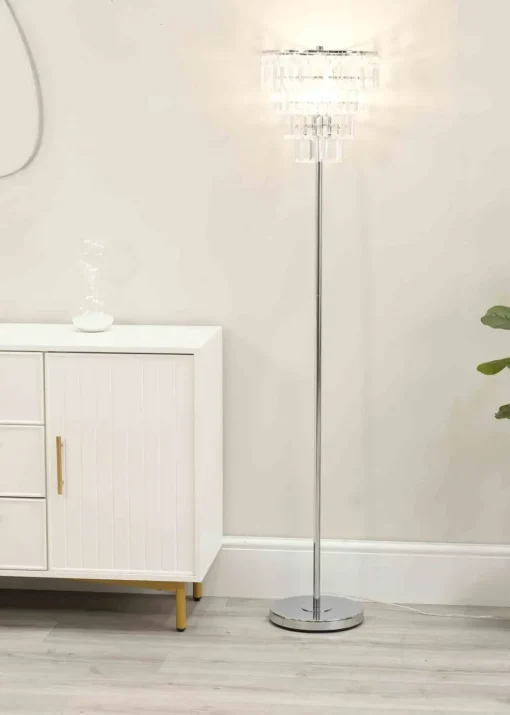ValueLights Kelsks Chrome Floor Lamp with White Tiered Shade (150.5cm x 30cm x 30cm)