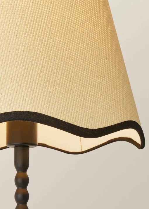 ValueLights Maeve Natural Scallop Black Trim Drum Shade Bobbin Bobble Table Lamp