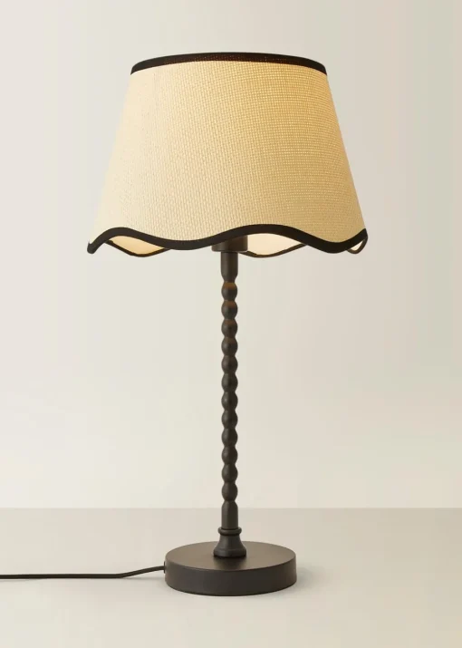 ValueLights Maeve Natural Scallop Black Trim Drum Shade Bobbin Bobble Table Lamp
