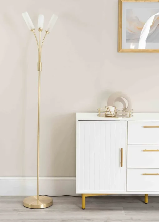 ValueLights Maya Gold Floor Lamp with White Shades (158.5cm x 26.5cm x 26.5cm)