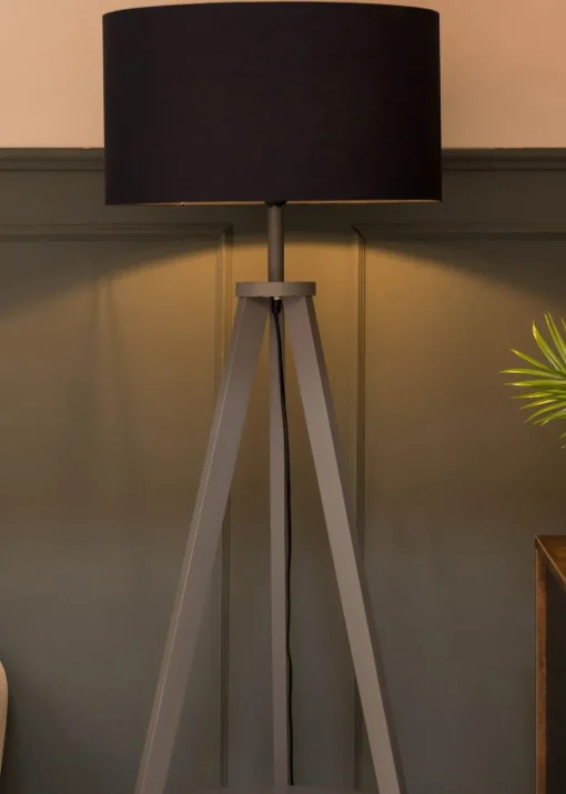 ValueLights Morrigan Grey Wood Tripod Floor Lamp Navy Shade (147cm x 45cm)