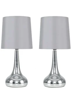ValueLights Pair Of Chrome Teardrop Table Lamps Grey Shades (34cm x 16cm x 16cm)