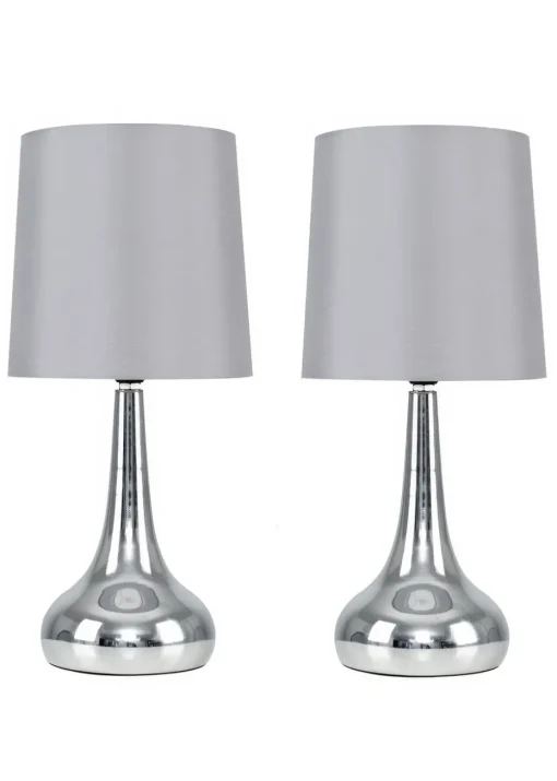 ValueLights Pair Of Chrome Teardrop Table Lamps Grey Shades (34cm x 16cm x 16cm)