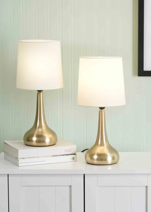 ValueLights Pair of Dimmable Gold Table Lamp with Cream Drum Shade