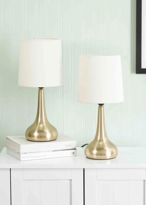 ValueLights Pair of Dimmable Gold Table Lamp with Cream Drum Shade