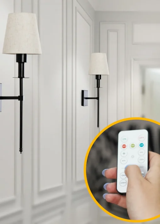 ValueLights Pair of Dimmable Black Wall Lights with Cream Shades Integrated LED (58cm x 19cm x 19cm)