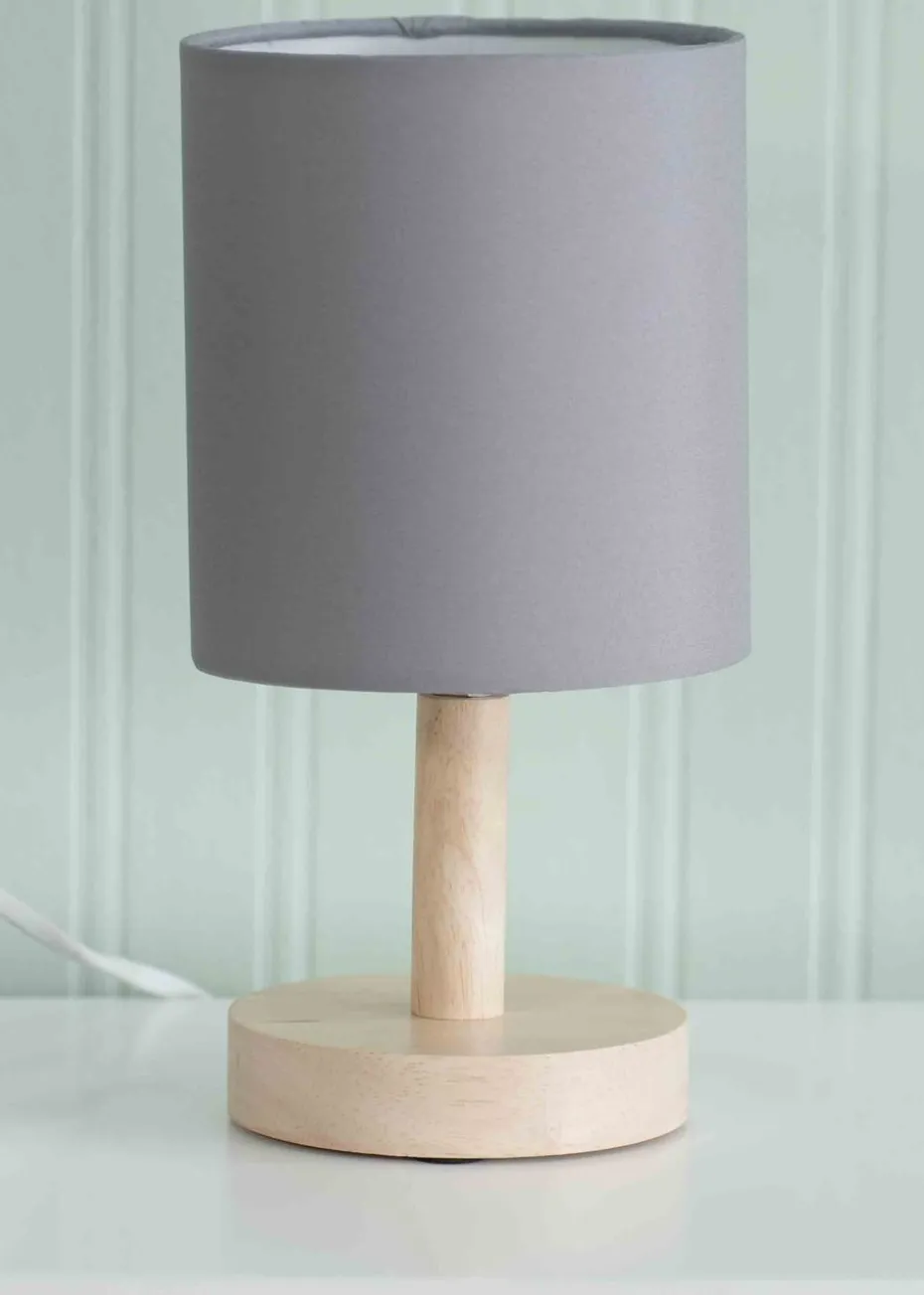 ValueLights Pair of Oak Natural Table Lamp with Grey Drum Shade