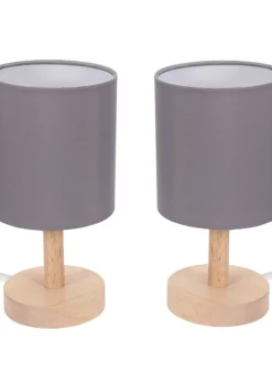 ValueLights Pair of Oak Natural Table Lamp with Grey Drum Shade