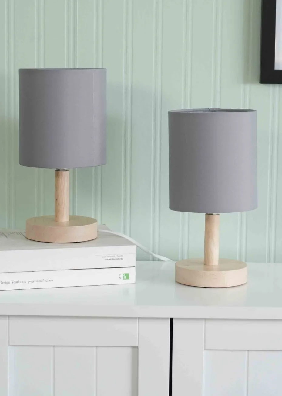 ValueLights Pair of Oak Natural Table Lamp with Grey Drum Shade
