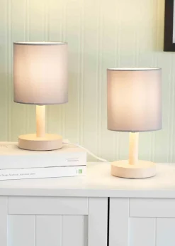 ValueLights Pair of Oak Natural Table Lamp with Grey Drum Shade