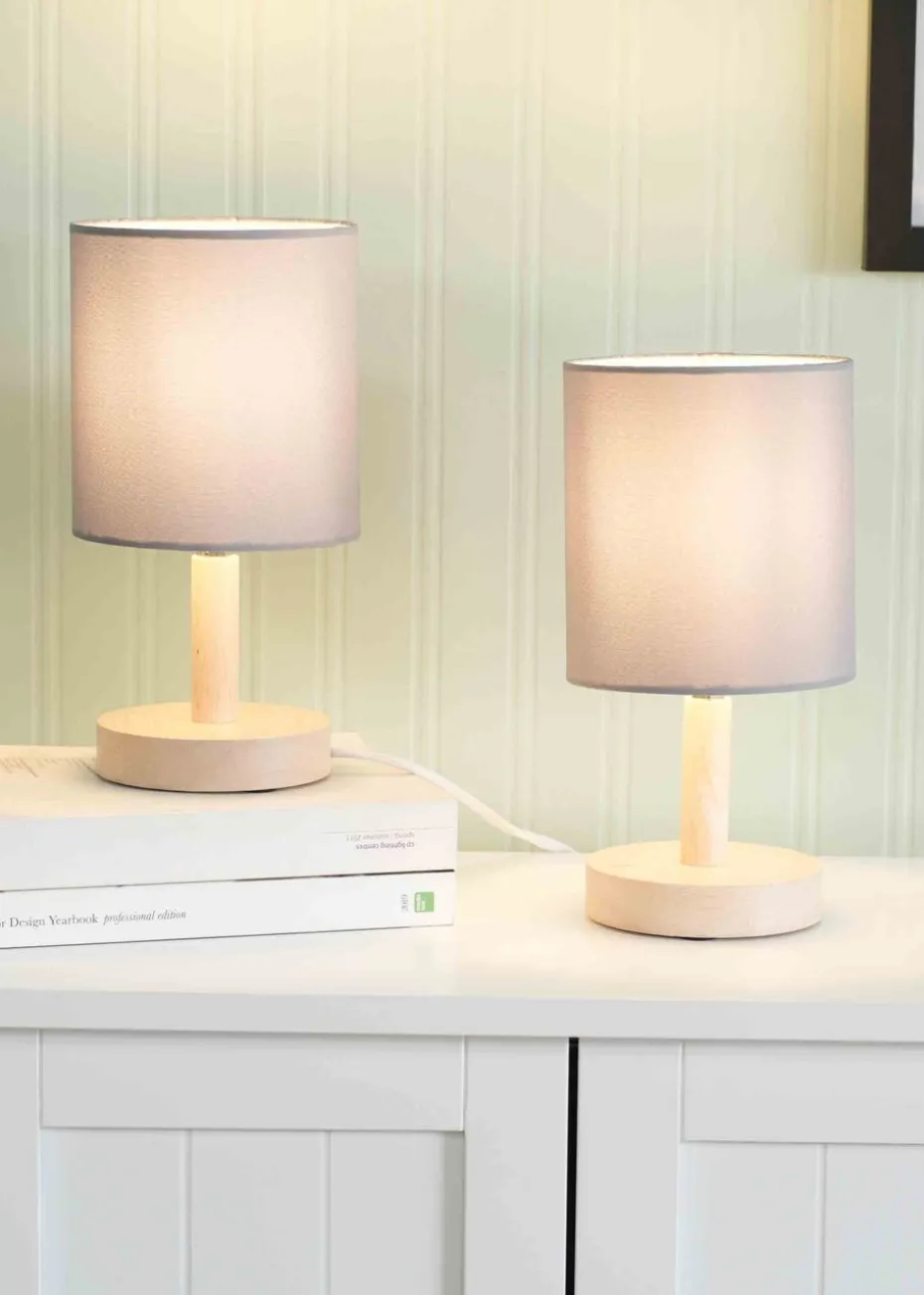 ValueLights Pair of Oak Natural Table Lamp with Grey Drum Shade