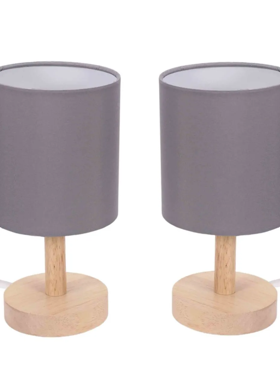 ValueLights Pair of Oak Natural Table Lamp with Grey Drum Shade