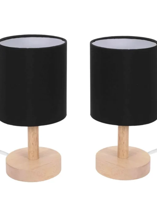 ValueLights Pair of Oak Natural Table Lamp with Black Drum Shade