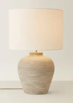 ValueLights Reid Linen Drum Shade Ribbed Ceramic Large Table Lamp