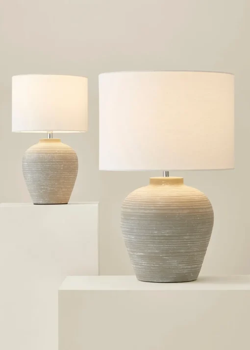 ValueLights Reid Linen Drum Shade Ribbed Ceramic Large Table Lamp