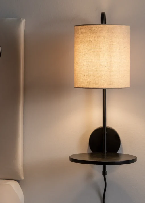 ValueLights Ryan Natural Linen Lamp Shade Metal Wall with Black Wood Shelf