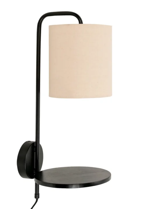 ValueLights Ryan Natural Linen Lamp Shade Metal Wall with Black Wood Shelf