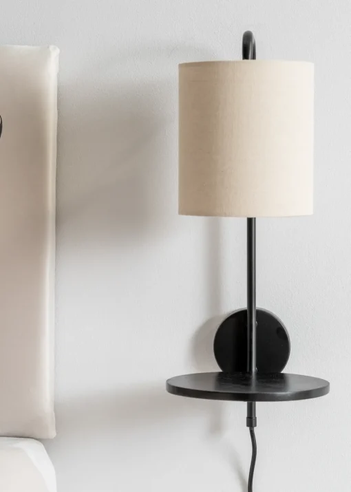 ValueLights Ryan Natural Linen Lamp Shade Metal Wall with Black Wood Shelf