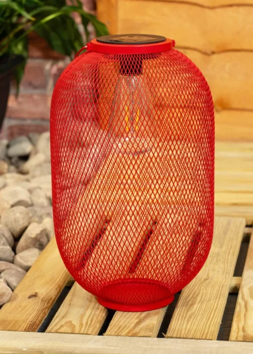 ValueLights Solar Outdoor Red Mesh Lantern With Integrated LED's (34cm x 20cm x 20cm)