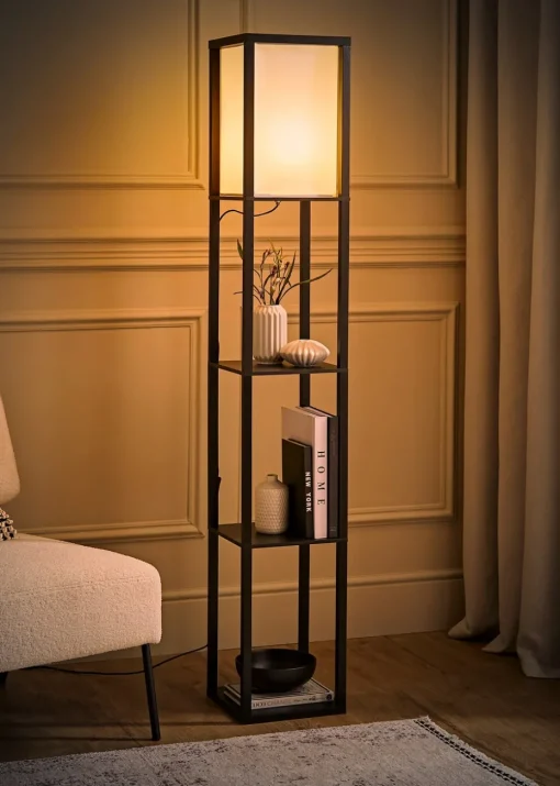 ValueLights Struttura Black Wooden Shelves Floor Lamp (159cm x 26cm x 26cm)