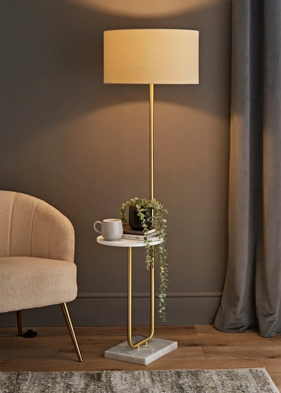 ValueLights Tavel Brushed Gold Floor Lamp Natural Shade (132.5cm x 14cm x 35cm)