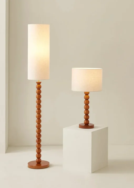 ValueLights Wyatt Linen Tall Lamp Shade Walnut Wood Bobbin Floor Lamp