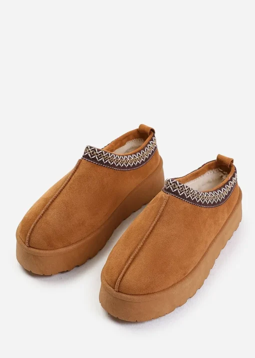 Where's That From Allegra Chestnut Faux-Suede Embroidered Ankle Slipper Boots
