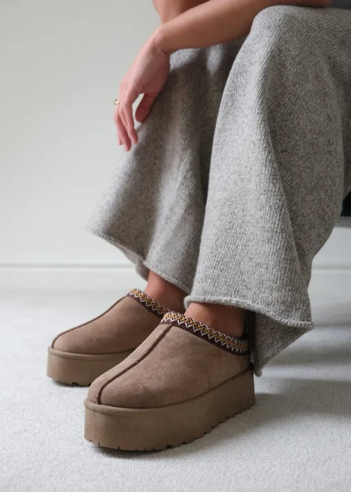 Where's That From Allegra Camel Faux-Suede Embroidered Ankle Slipper Boots