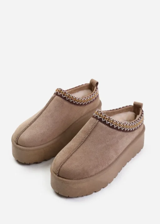 Where's That From Allegra Camel Faux-Suede Embroidered Ankle Slipper Boots