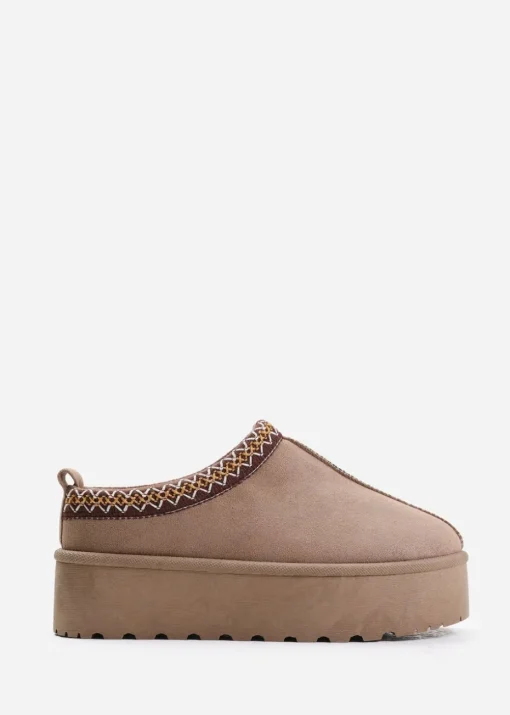Where's That From Allegra Camel Faux-Suede Embroidered Ankle Slipper Boots