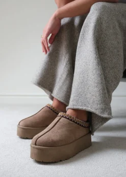 Where's That From Allegra Camel Faux-Suede Embroidered Ankle Slipper Boots