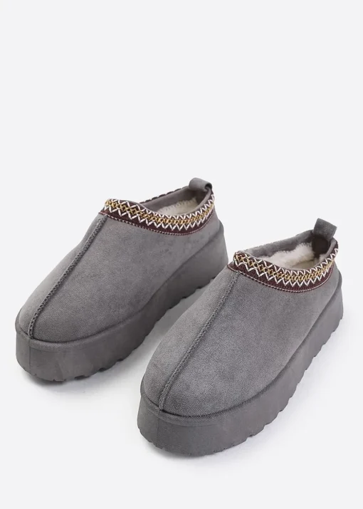 Where's That From Allegra Grey Faux-Suede Embroidered Ankle Slipper Boots
