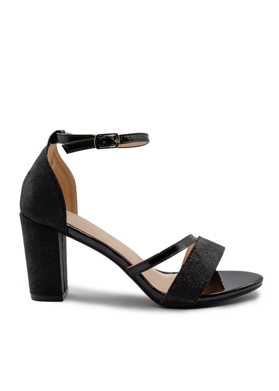 Where's That From Black Glitter Perla Mid Block Heel Sandals