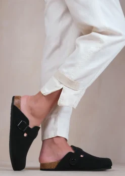 Where's That From Black Nubuck Palm Closed Toe Flat Sandals