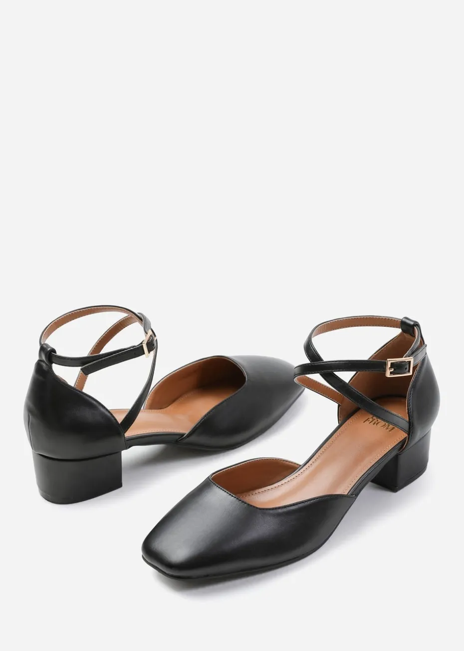 Where's That From Black Peru Low Ankle Strap Block Heels