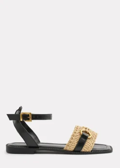 Where's That From Black PU Catelyn Straw Detail Strap Sandals