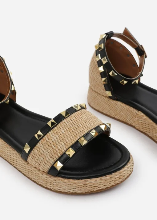 Where's That From Black PU Aviva Studded Gladiator Espadrille Flatform