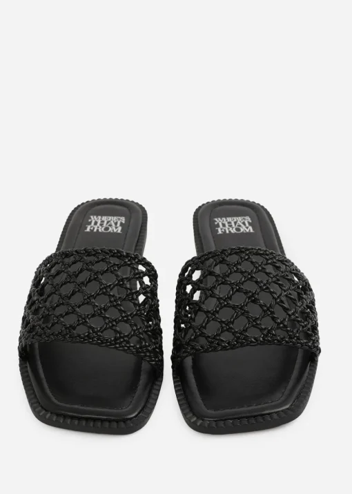 Where's That From Black PU Chelsea Woven Strap Flat Sandals