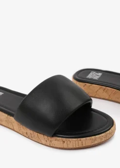 Where's That From Black PU Julia Wide-Fit Flatform Sliders Sandal