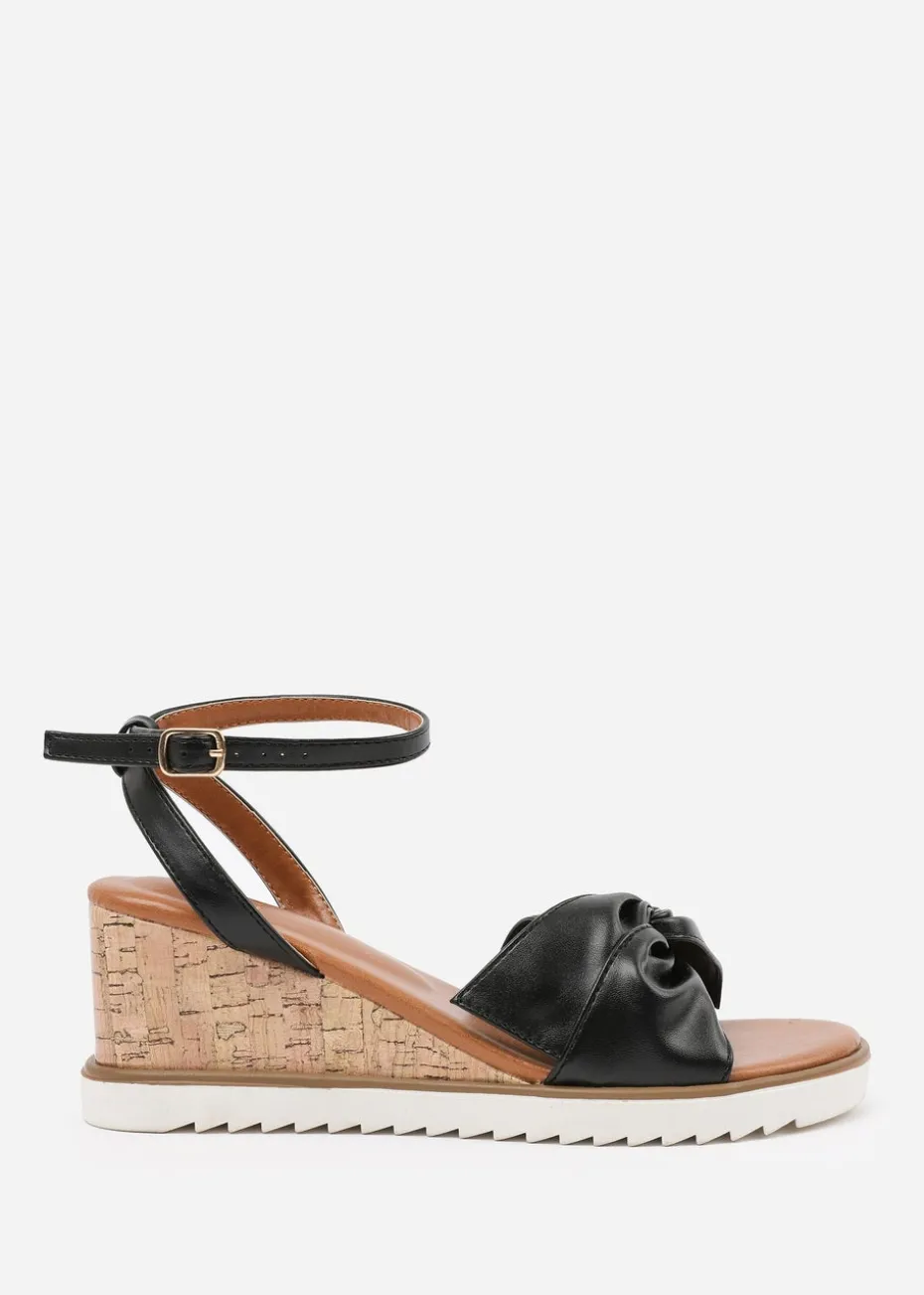 Where's That From Black-PU Katara Wide-Fit Knot Detail Wedge Shoes
