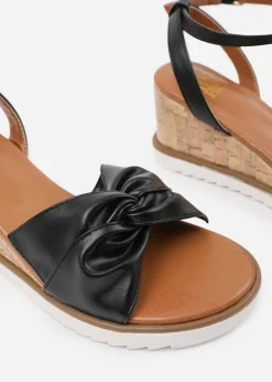 Where's That From Black-PU Katara Wide-Fit Knot Detail Wedge Shoes