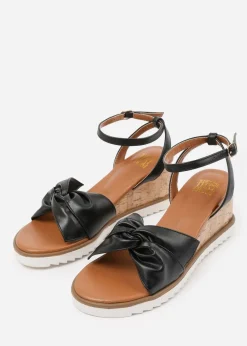 Where's That From Black-PU Katara Wide-Fit Knot Detail Wedge Shoes