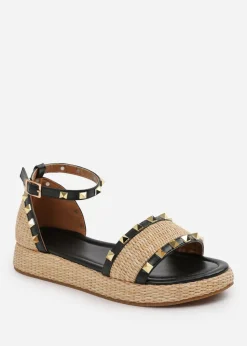 Where's That From Black-PU Aviva Wide-Fit Studded Gladiator Espadrille Flatform