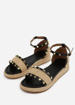 Where's That From Black-PU Aviva Wide-Fit Studded Gladiator Espadrille Flatform