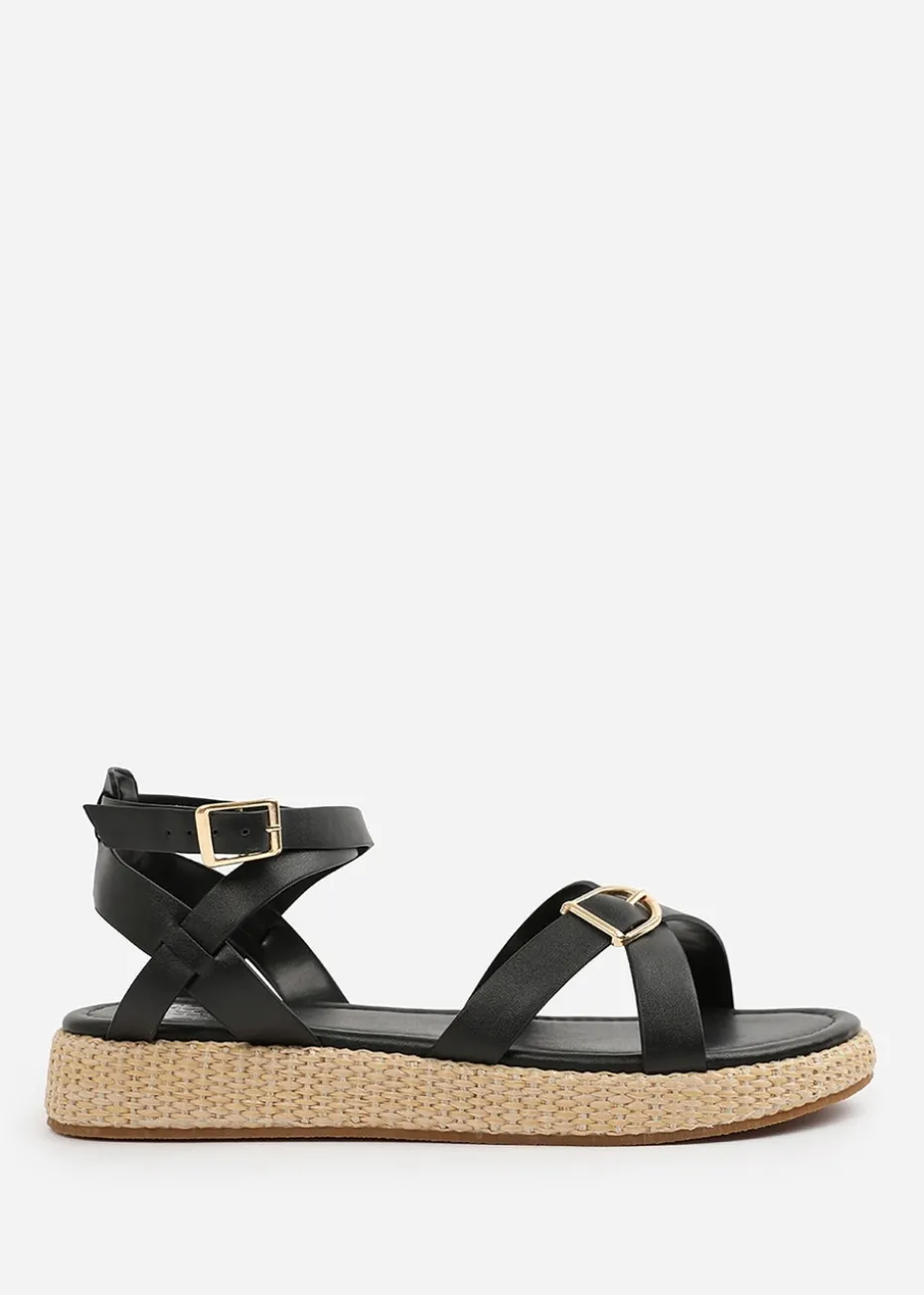 Where's That From Black-PU Alora Wide-Fit Cross-Over Buckle Strap Sandals