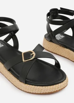Where's That From Black-PU Alora Wide-Fit Cross-Over Buckle Strap Sandals