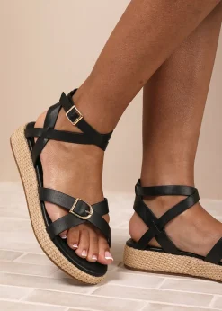 Where's That From Black-PU Alora Wide-Fit Cross-Over Buckle Strap Sandals